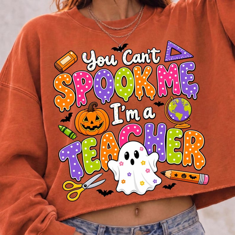Image of You Can't Spook Me Teacher Halloween Shirt, Spooky Teacher Tee, Cute Ghost Pumpkin School Halloween Shirt, Teacher Gift