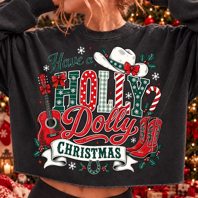 Image of Have a Holly Dolly Christmas PNG, Western Cowgirl Christmas Sublimation, Cowboy Boots Guitar Holiday Design, Digital Download