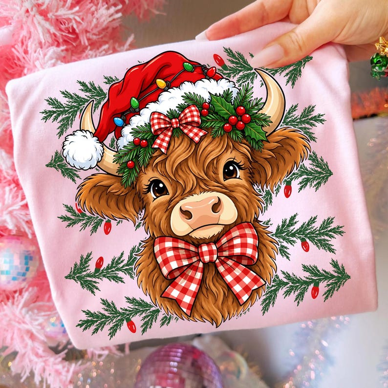 Western Christmas Highland Cow Sublimation on T-shirt