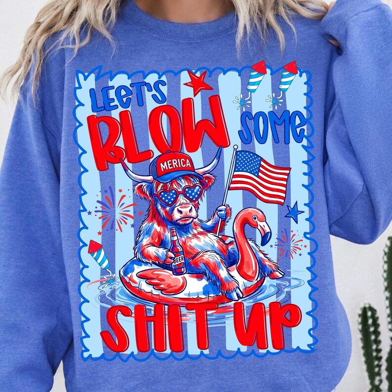 Western Merica Fireworks Highland Cow PNG Digital Download