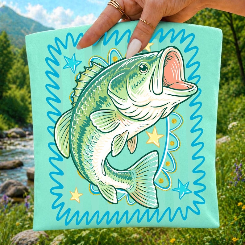 Preppy Bass Fishing PNG with brushstroke style, perfect for lake life apparel.