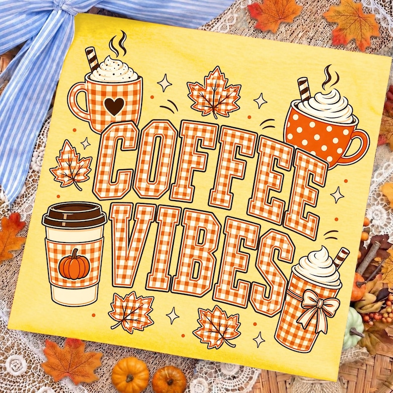 Image of Coffee Vibes PNG, Fall Coffee Sublimation, Orange Gingham Pumpkin Spice Latte Design, Cozy Autumn Digital Download