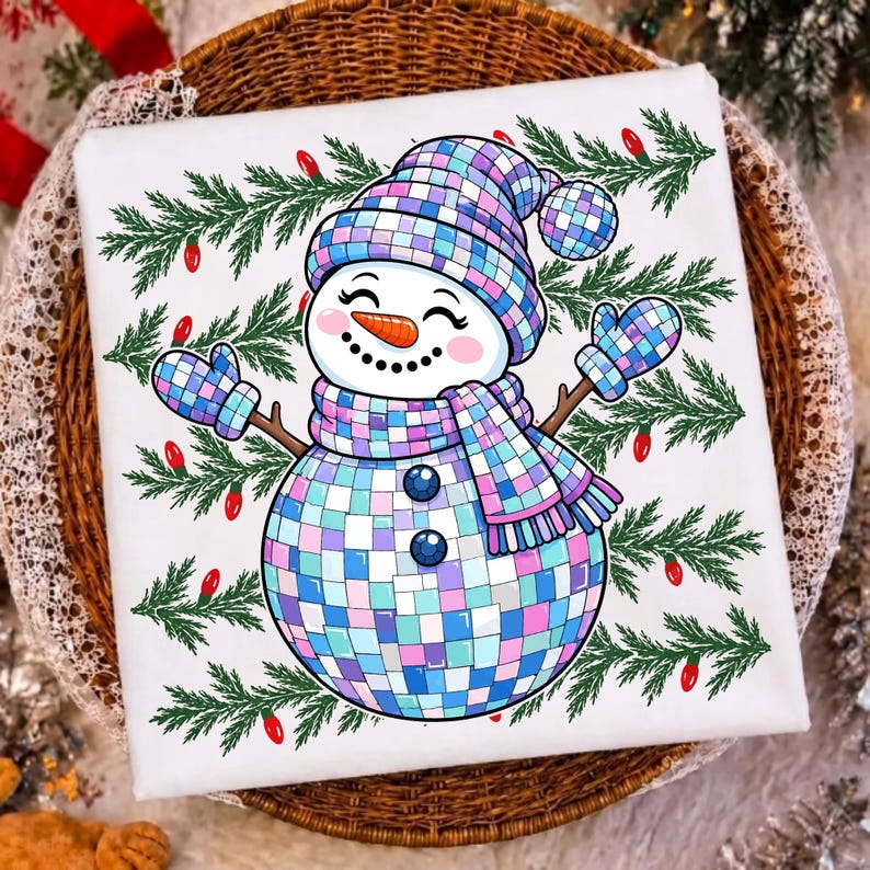 Image of Colorful Christmas Disco Snowman PNG, Girly Winter Snowman Sublimation Merry Christmas Holiday Shirt Design, Bright Festive Digital Download