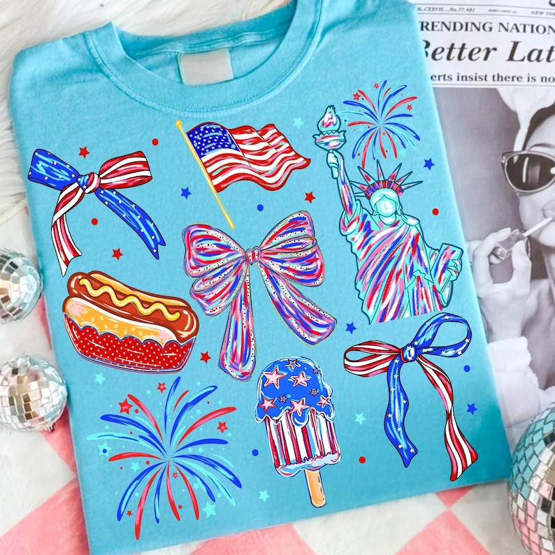 Example of a custom t-shirt design using Coquette 4th of July PNG letters.