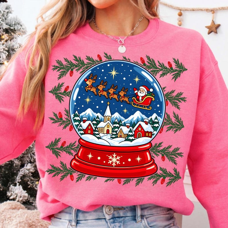 Image of Christmas Snow Globe PNG, Santa Sleigh Holiday Sublimation, Vintage Christmas Village Shirt Design, Digital Download
