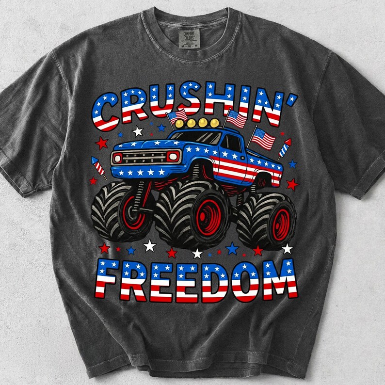 Mockup of Patriotic Monster Truck PNG design on a white t-shirt for 4th of July.
