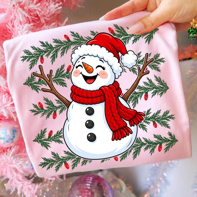 A mockup of the Snowman design on a Christmas t-shirt