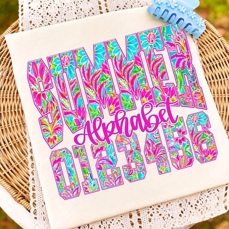 Example of Retro Preppy Alphabet PNG used on a custom summer t-shirt and beach bag