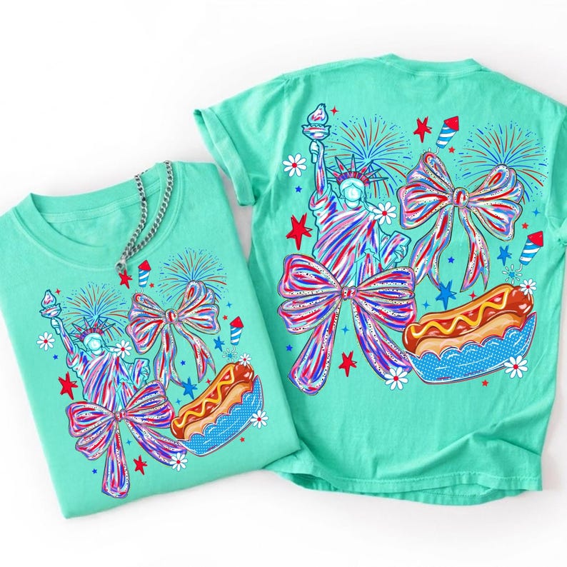 Image of Coquette 4th of July PNG, Statue of Liberty Bow Sublimation Design, Preppy Patriotic Ice Cream Clipart, Independence Day DTF Graphic