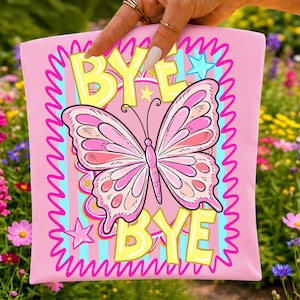 Hejdå fjäril PNG sista skoldagen design retro randig neon lärare sublimeringsfil söt student sommar PNG DTF T-shirt grafik bild 2