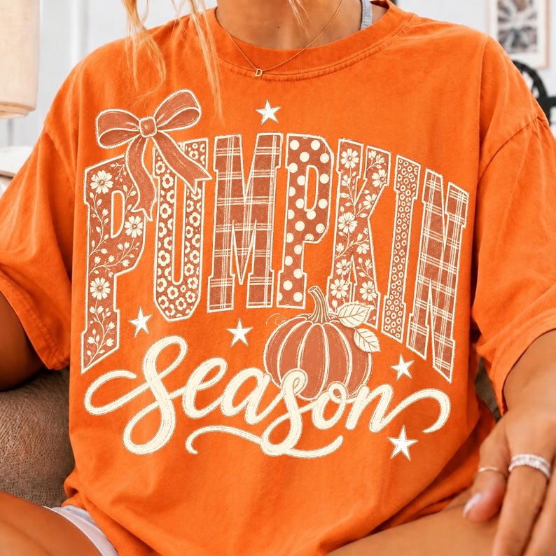 Image of Pumpkin Season PNG, Preppy Fall Pumpkin Sublimation, Coquette Bow Autumn Shirt Design, Retro Thanksgiving Digital Download