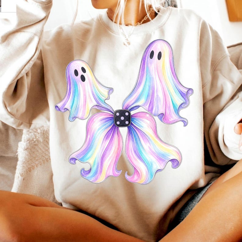 Image of Coquette Ghost Bow PNG, Spooky Halloween Bow Sublimation, Cute Boo Ghost Digital Download