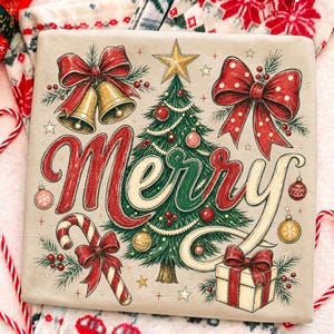 May include: A beige sweatshirt featuring a festive graphic with the word Merry in red and cream script. The design includes a central green Christmas tree, two gold bells with a red bow, a candy cane, a gift box, and red and gold ornaments.