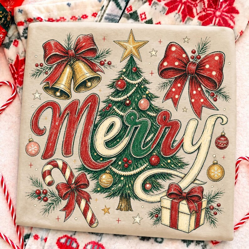 Retro Christmas Tree Bow design printed on a festive holiday t-shirt
