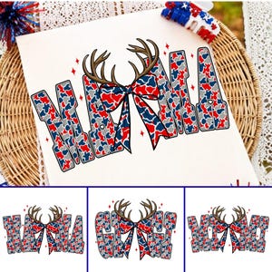 May include: A white fabric transfer featuring the word MAMA in a red, white, and blue camouflage pattern. The design includes brown deer antlers positioned above a large bow in the same camouflage print, accented by small red star shapes.