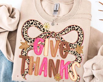 Give Thanks PNG – Coquette Thanksgiving Leopard Bow Fall Sublimation Design with Glitter Accents