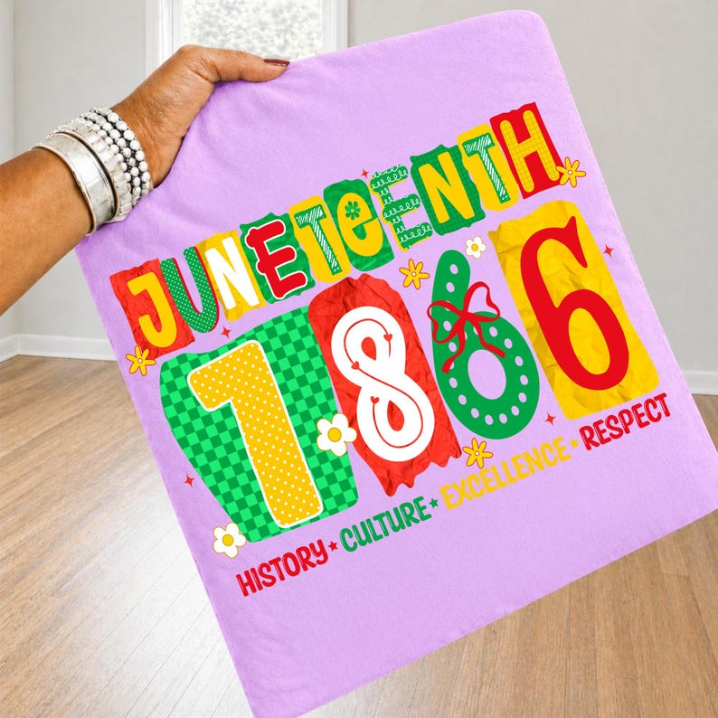 May include: A light purple t-shirt featuring the text JUNETEENTH 1866 in colorful, patterned block letters. Below the date, the words HISTORY, CULTURE, EXCELLENCE, RESPECT are printed in small, multi-colored capital letters with small flower icons.