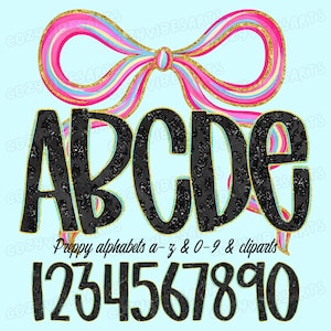 May include: A digital graphic featuring the letters A, B, C, D, and E in a black leopard print design with gold trim. Below the letters are the numbers 1 through 0. A colorful bow with gold glitter accents is at the top. The text "Preppy alphabets a-z & 0-9 & cliparts" is also included.