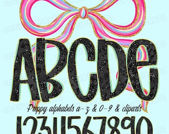 Glittery Preppy Alphabet PNG Bundle: Leopard Letters, Bow Clipart & Coquette Font for Fall DIY Crafts
