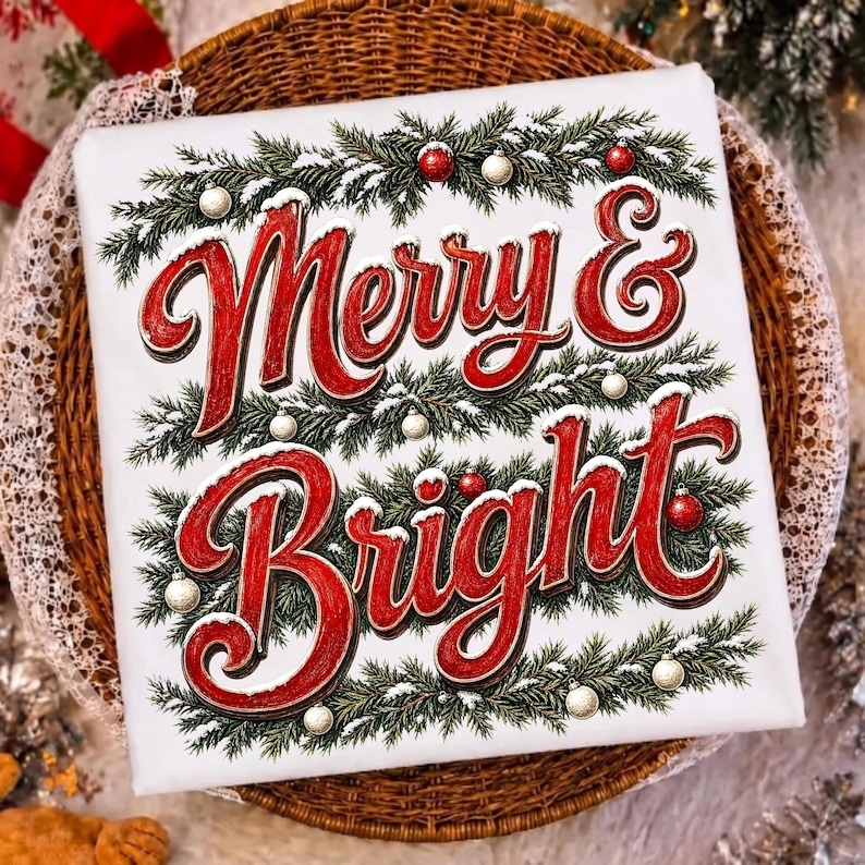 Vintage Merry and Bright Christmas sublimation design on a t-shirt