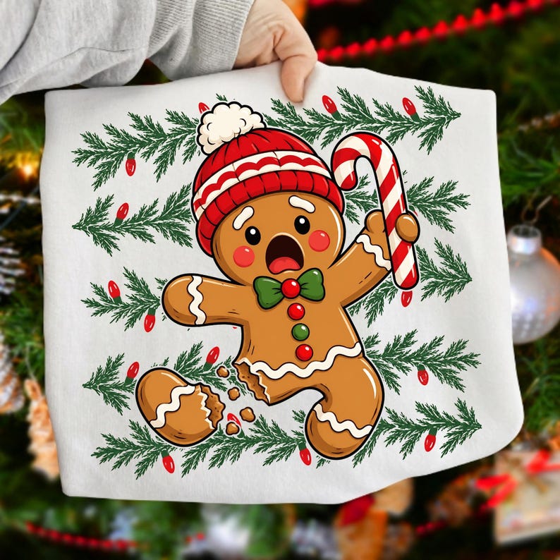 May include: A white t-shirt featuring a graphic of a shocked gingerbread person wearing a red and white knit hat, a green bow tie, and holding a red and white candy cane. The gingerbread person has a missing leg, set against pine branches.