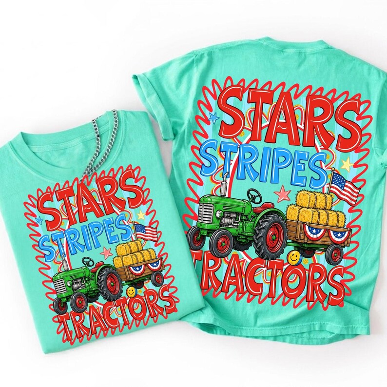 Mockup showing a 'USA Farmer' shirt created with the Patriotic Tractor PNG alphabet.
