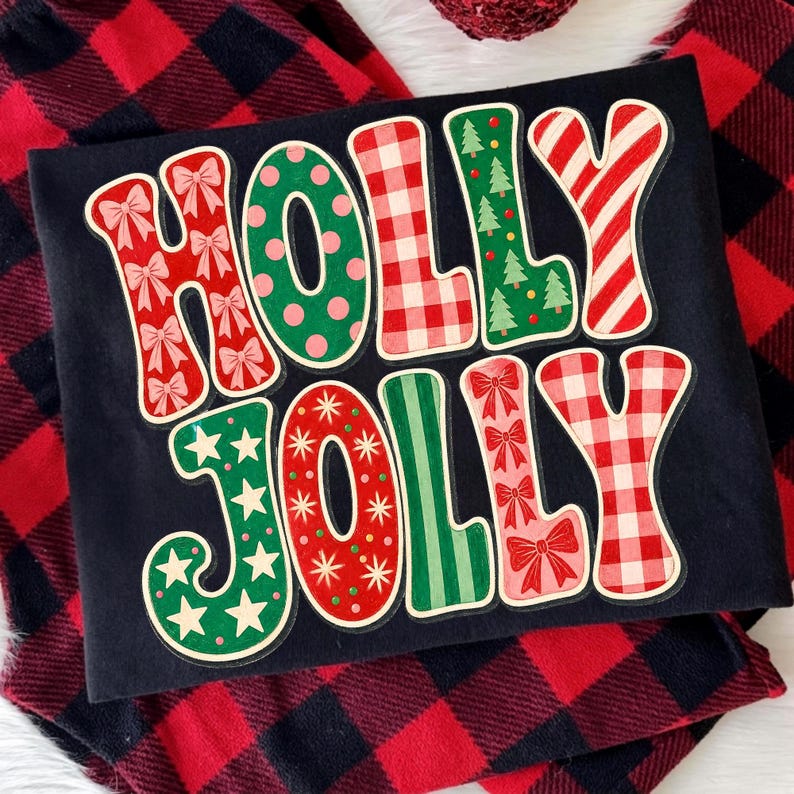 Image of Holly Jolly Christmas PNG, Preppy Christmas Sublimation, Girly Xmas Design, Retro Holiday Digital Download