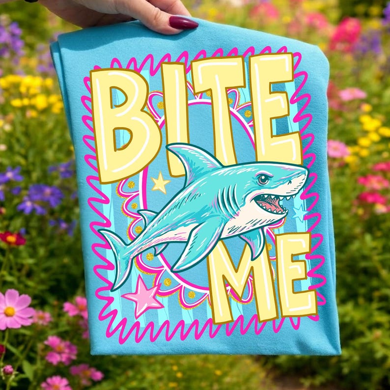 Bite Me Shark PNG Funny Summer Beach Design Coastal Striped Aesthetic Trendy Shark Graphic Sublimation DTF Digital File Preppy Summer Shirt image 4