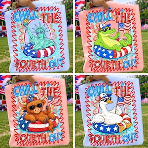 May include: A collection of four t-shirts in light blue and peach, each featuring a graphic print of a character in a red, white, and blue patriotic inner tube with the text CHILL THE FOURTH OUT, including the Statue of Liberty, a crocodile, a cow, and a goose.