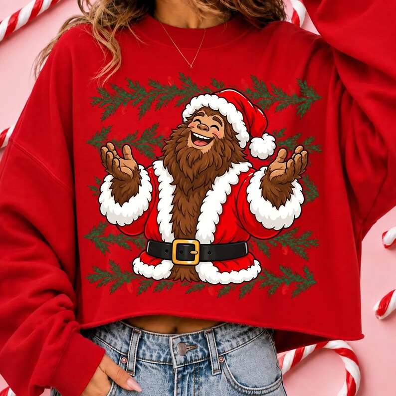 Puede incluir: Una sudadera roja de manga larga con un gr&aacute;fico de un personaje Bigfoot marr&oacute;n vestido con un traje de Santa Claus, que incluye un gorro rojo con borde blanco, un cintur&oacute;n negro con hebilla dorada y pu&ntilde;os de piel blanca sobre ramas de pino verdes.