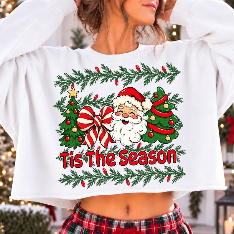 Image of Tis The Season PNG, Santa Christmas PNG, Coquette Bow Christmas Tree Sublimation, Holiday Shirt Design, Digital Download