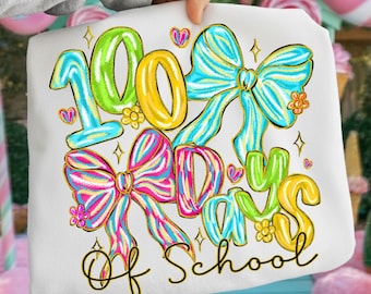 Coquette 100 Days School PNG Teacher Shirt Design, Preppy Pink Bow Sublimation, 100th Day Smarter Graphic for Students and Educators