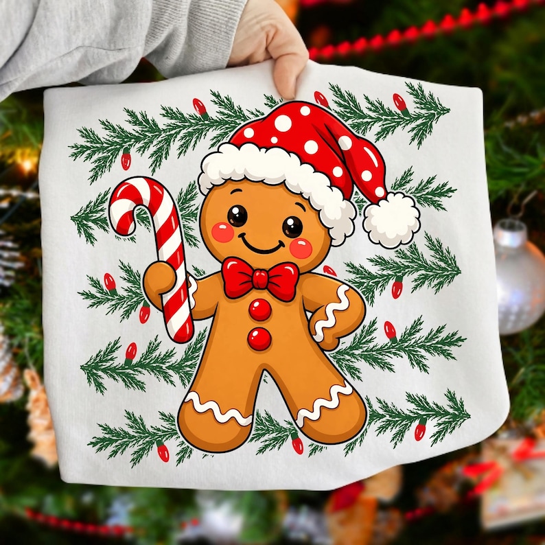 Puede incluir: Una camiseta blanca con el gr&aacute;fico de un hombre de jengibre que lleva un gorro de Pap&aacute; Noel rojo con lunares blancos y una pajarita roja. El hombre de jengibre sostiene un bast&oacute;n de caramelo a rayas rojas y blancas sobre ramas de pino verdes.