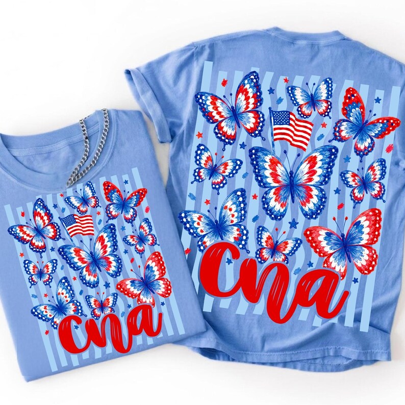 Example of custom t-shirt design using the 4th of July Preppy Ditsy Floral PNG Bundle, showcasing patriotic butterfly and 1776 elements.