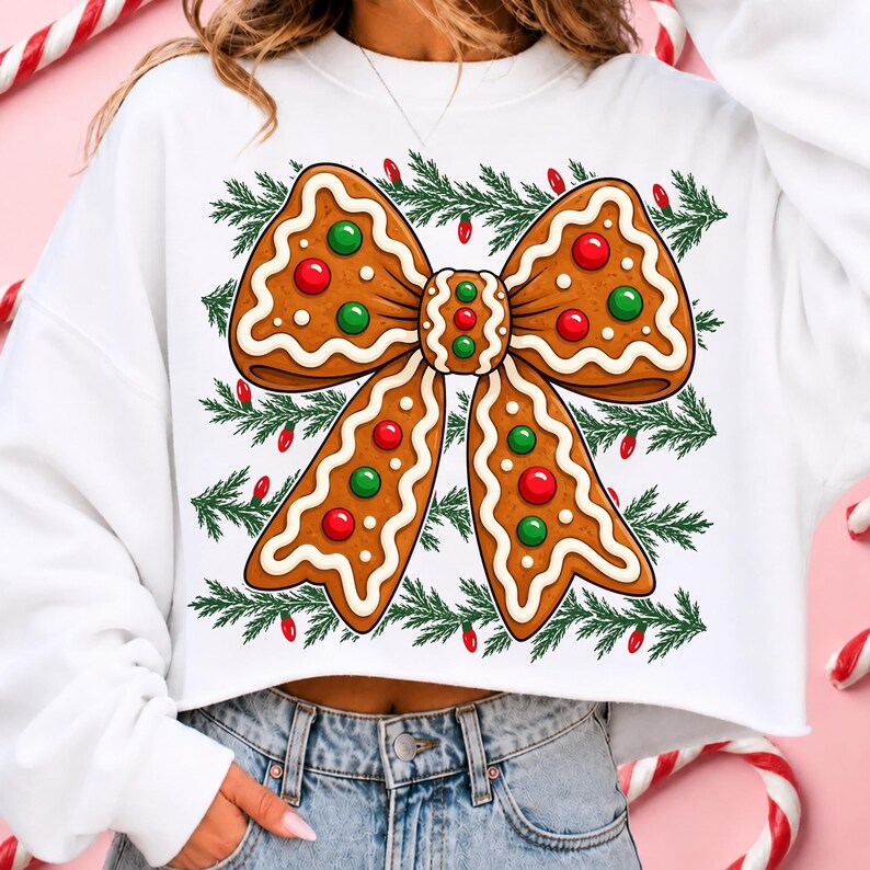Op de afbeelding: Een wit sweatshirt met lange mouwen voorzien van een grote afbeelding van een bruine peperkoekstrik versierd met wit glazuur, rode en groene snoepjes, omringd door een patroon van groene dennentakken en kleine rode kerstlampjes.