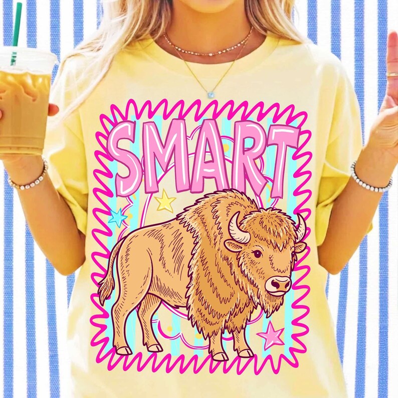 Mockup showing the Smart Bison PNG on various items like a mug, tote bag, and shirt.