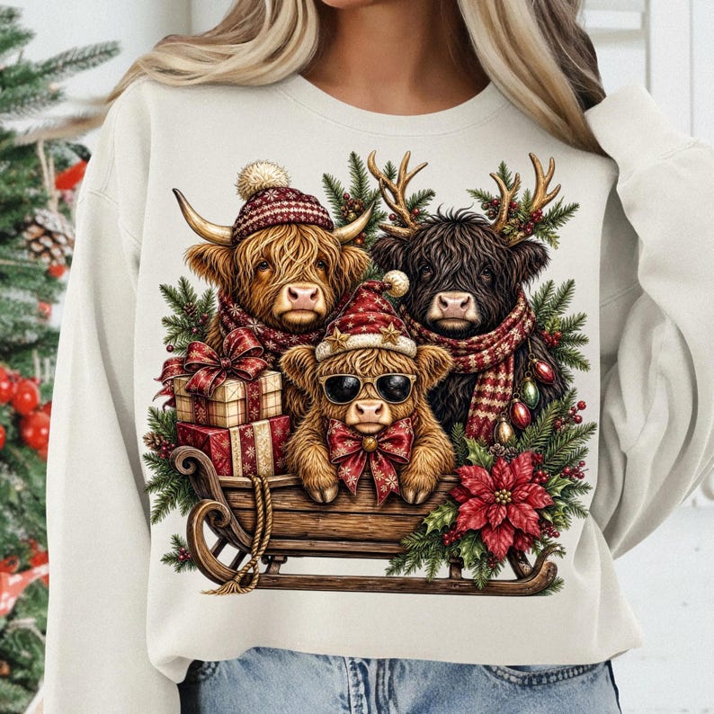 Image of Christmas Highland Cow PNG, Holiday Cow Sleigh Sublimation, Festive Farmhouse Cow PNG, Christmas Digital Download