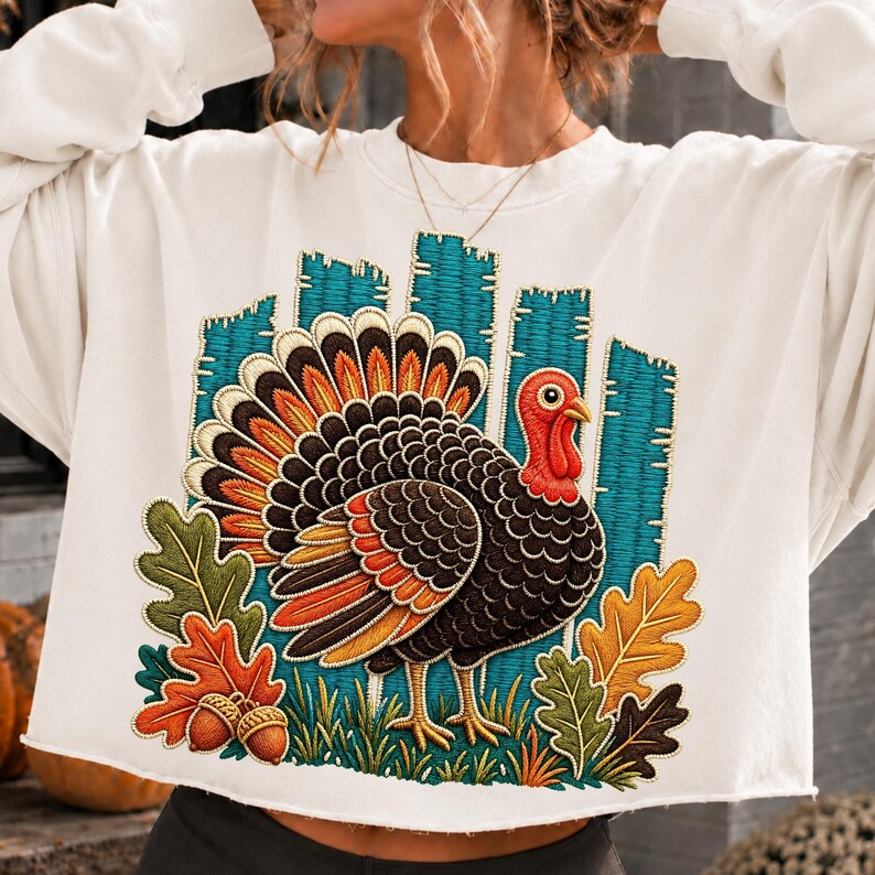Image of Thanksgiving Turkey PNG, Vintage Embroidery Style Turkey, Fall Leaves Sublimation, Autumn Shirt Design, Digital Download