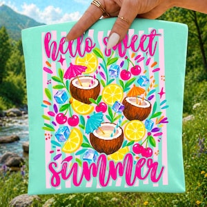 May include: A light mint green tote bag featuring a pink striped background and the text "hello sweet summer" in a cursive font. The design includes illustrations of three coconut halves, yellow lemon slices, red cherries, and blue ice cubes.