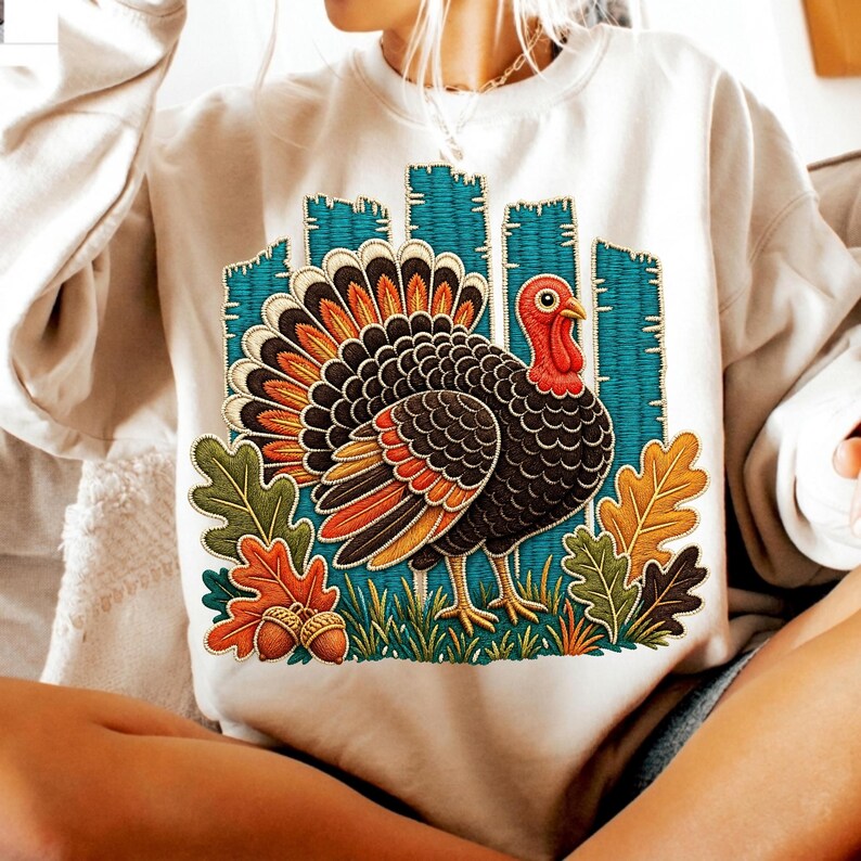 May include: A cream-colored crewneck sweatshirt featuring a central graphic of a turkey with black, orange, and brown feathers. The turkey stands amidst green grass, colorful autumn leaves, and two acorns, set against a teal vertical striped background.