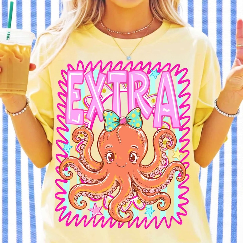 Close-up of cute coquette octopus graphic with high-resolution details and vibrant colors