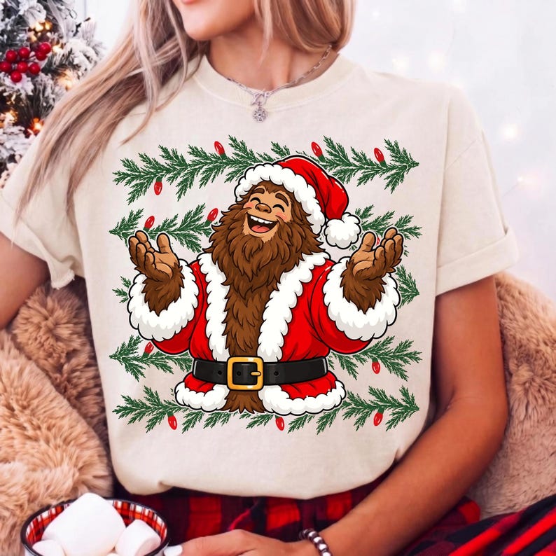 Puede incluir: Una camiseta de manga corta color crema con un gr&aacute;fico de un Bigfoot marr&oacute;n vestido con un traje de Pap&aacute; Noel rojo con ribete de piel blanca y un cintur&oacute;n negro. El dise&ntilde;o est&aacute; rodeado de ramas de pino verdes y peque&ntilde;as luces navide&ntilde;as rojas.
