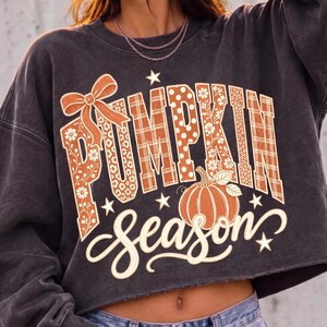May include: A charcoal gray cropped sweatshirt featuring the text PUMPKIN SEASON in a decorative font. The word PUMPKIN is filled with orange and white patterns including plaid, polka dots, and flowers, accented by a bow and a pumpkin graphic.