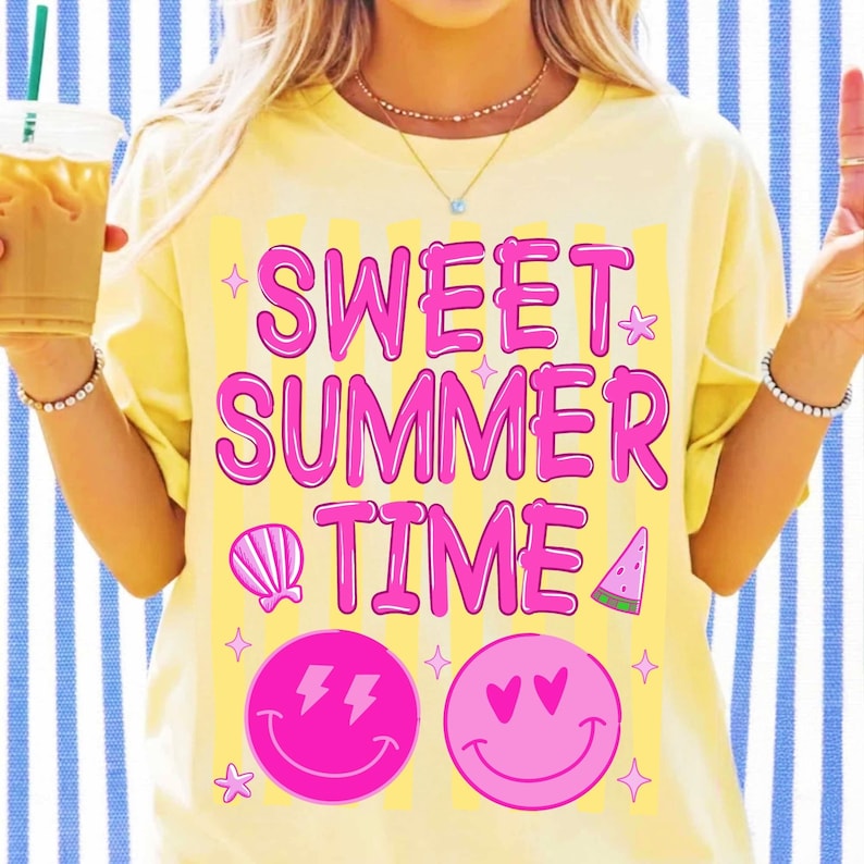 Variety of mock-ups featuring the retro pink smiley face design on a mug, tote bag, and t-shirt, illustrating its versatility for different crafts.