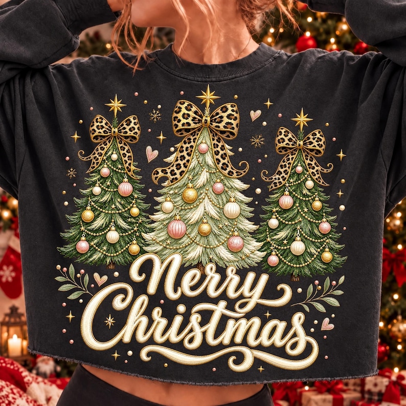 Peut inclure: Un sweat-shirt noir &agrave; manches longues orn&eacute; de trois sapins de No&euml;l verts d&eacute;cor&eacute;s de boules dor&eacute;es et roses, surmont&eacute;s de grands n&oelig;uds &agrave; motif l&eacute;opard. Le texte Merry Christmas est imprim&eacute; en grande &eacute;criture cursive de couleur cr&egrave;me.