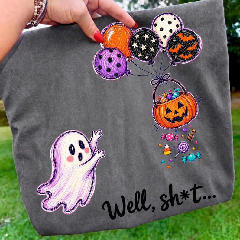 Transparent background PNG of the Well Sh*t Ghost with pumpkin and lost balloon