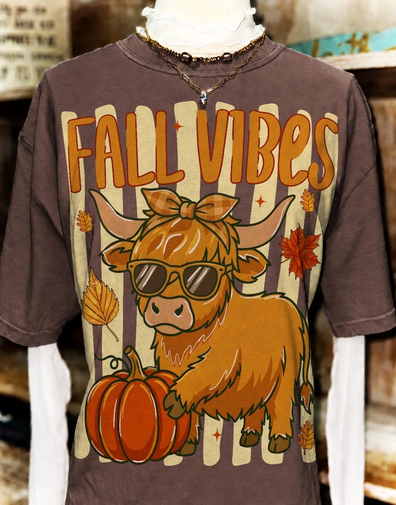 Close-up of the Retro Highland Cow Fall PNG Sublimation Design featuring a Western cowgirl with a pumpkin and 