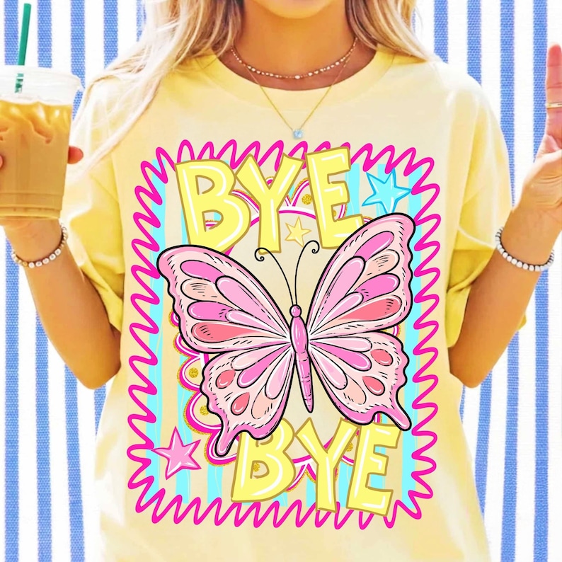 Retro Neon Bye Bye Butterfly Last Day of School Sublimation PNG Design