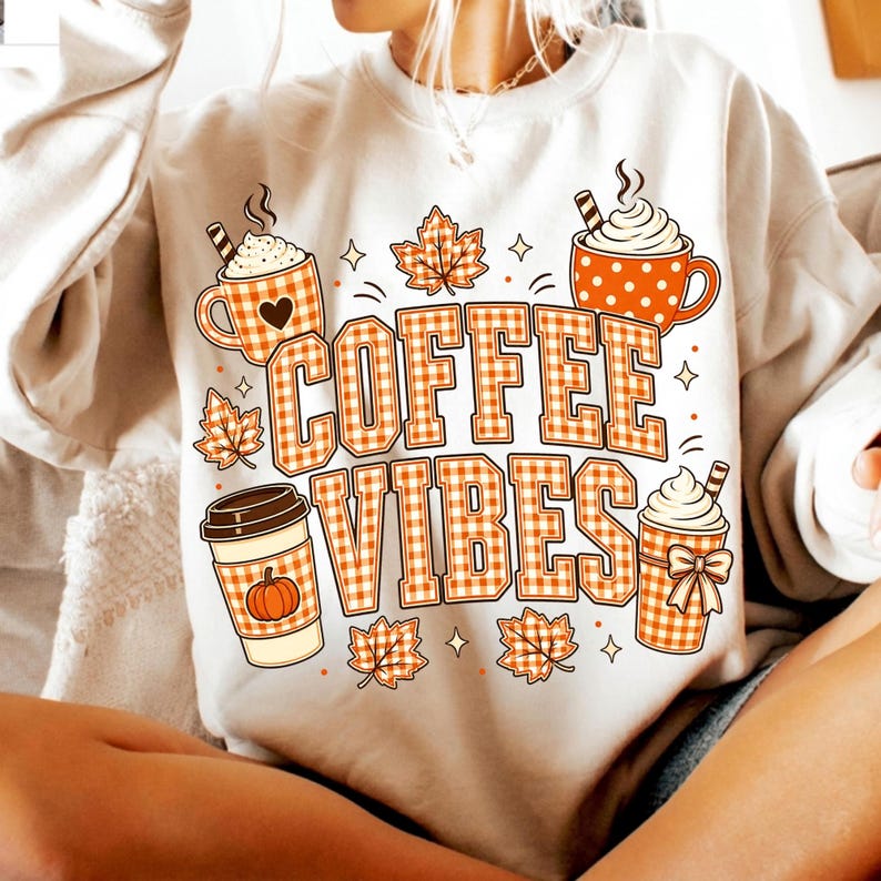 Image of Coffee Vibes PNG, Fall Coffee Sublimation, Orange Gingham Pumpkin Spice Latte Design, Cozy Autumn Digital Download