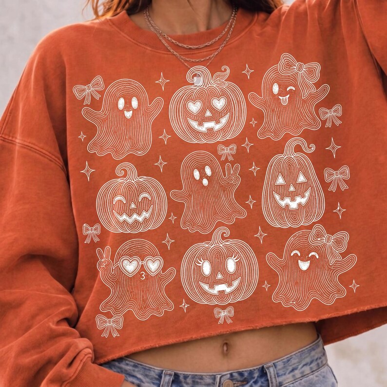 Image of Retro Halloween Ghost Pumpkin Bow PNG, White Outline Spooky Season Sublimation Design